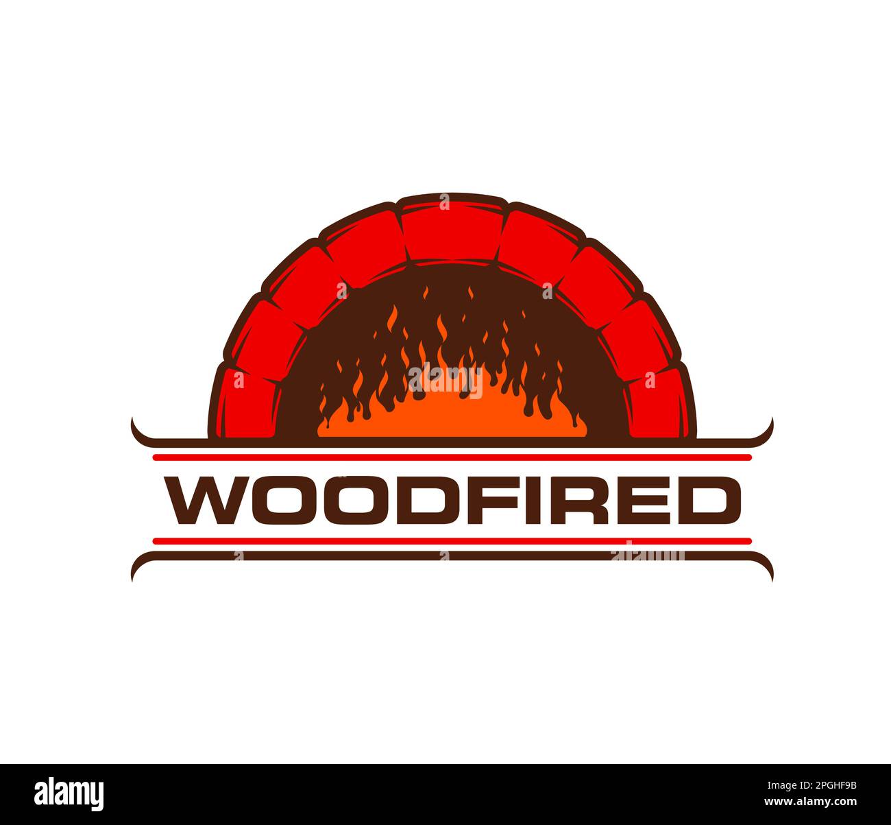 Fireplace, stone oven icon. Bakery shop fireplace with burning wood