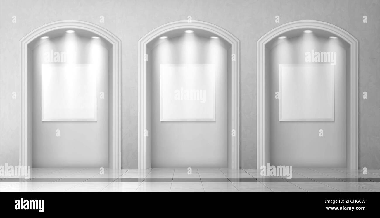 Arches in wall with columns and illuminated blank signboards, curved interior gates with white pillars and empty banners in art gallery or museum, archway classic frames, Realistic 3d vector mock up Stock Vector