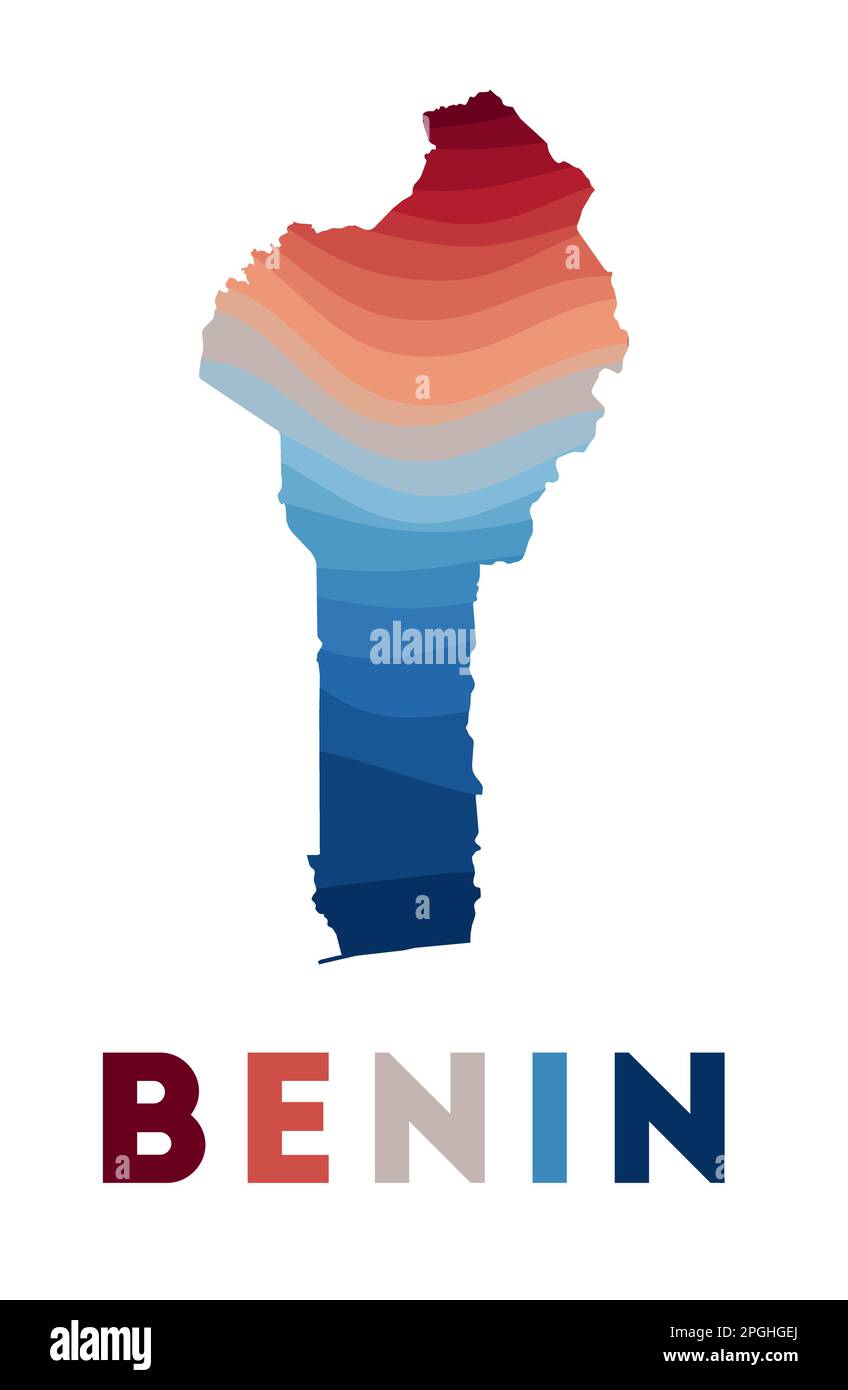 Benin map. Map of the country with beautiful geometric waves in red and blue colors. Vivid Benin shape. Vector illustration. Stock Vector