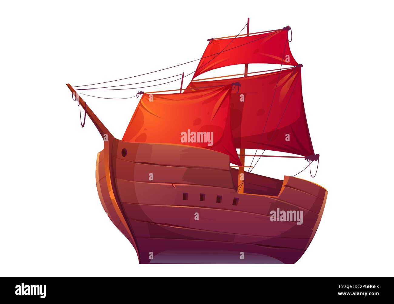 Vector wooden boat with red sails. Pirate merchant ship with blank scarlet canvas. Cartoon old wooden frigate, vintage galleon isolated on white background Stock Vector