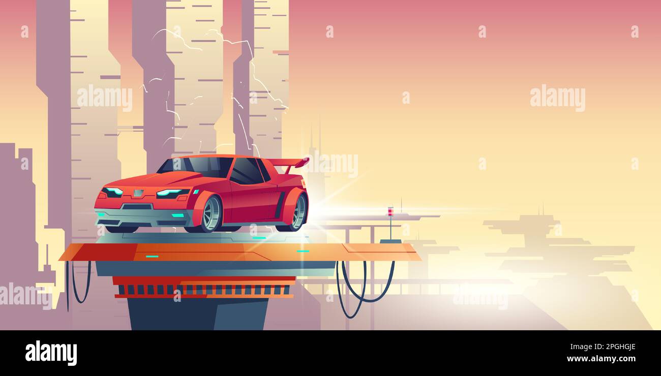 Red robot car with silhouette of transformer on background of futuristic cityscape. Vector cartoon illustration of cyberpunk landscape of town with skyscrapers and guard character in vehicle form Stock Vector