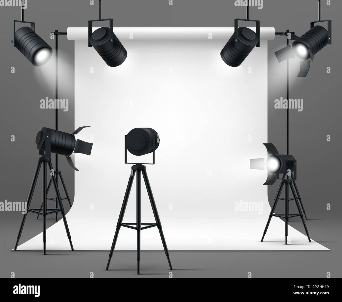 Photography studio interior with spotlights and white paper background. Vector realistic mockup of professional photo equipment in empty room, glowing floodlights on tripod and hanging Stock Vector