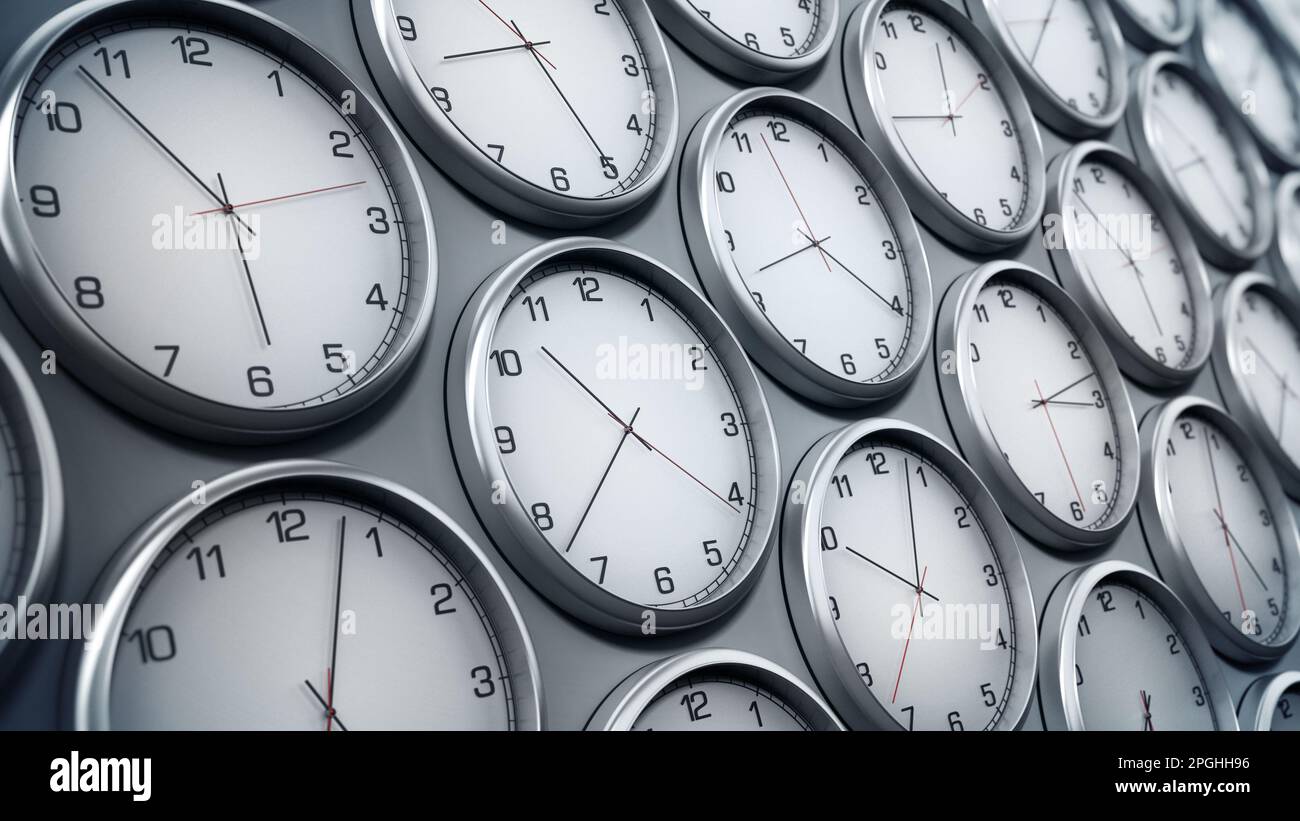 Modern wall clocks showing different time zones of world cities. 3D illustration Stock Photo Alamy