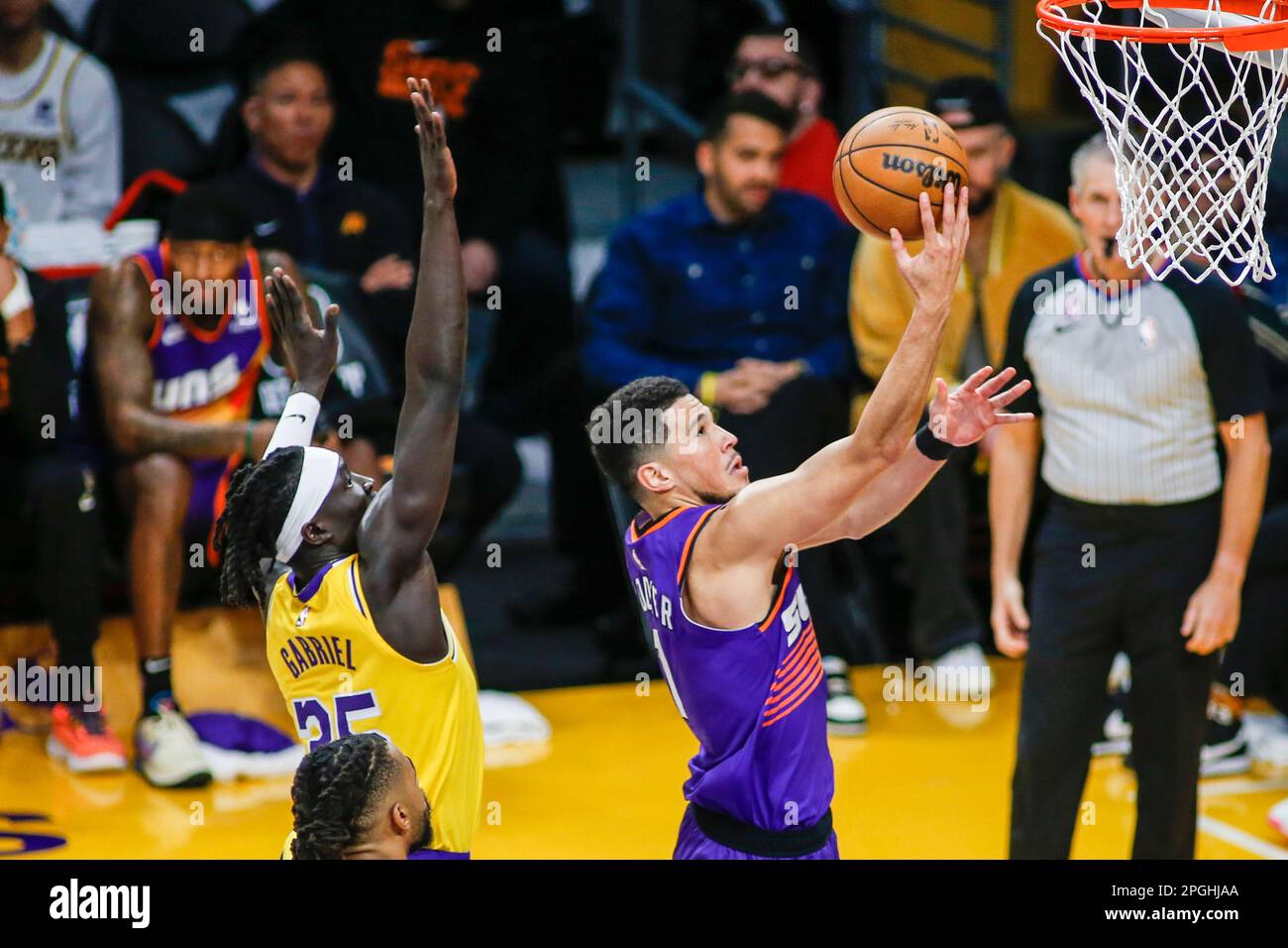 Los Angeles, United States. 22nd Mar, 2023. Phoenix Suns guard Devin Booker  (R) in action during an NBA basketball game between Los Angeles Lakers and  Phoenix Suns at Crypto.com Arena. Final score;