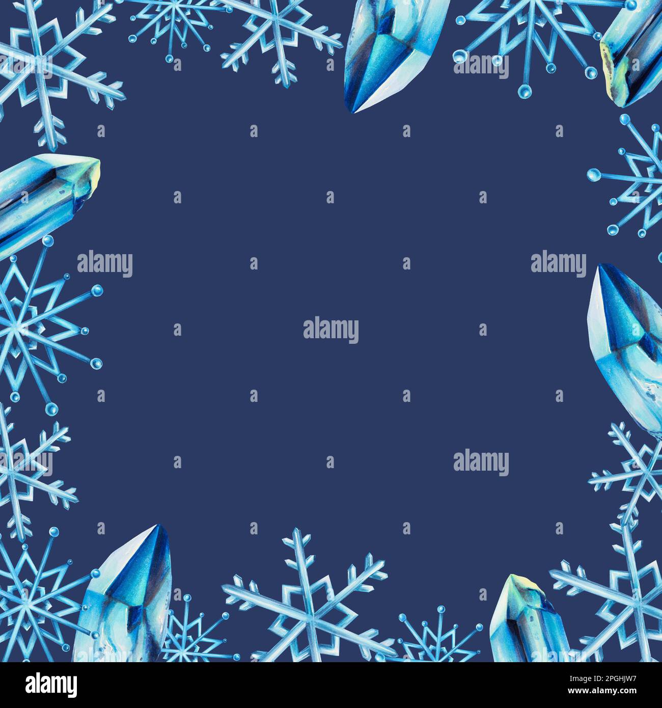 Watercolor frame with snowflakes and ice crystals. Hand painting ...