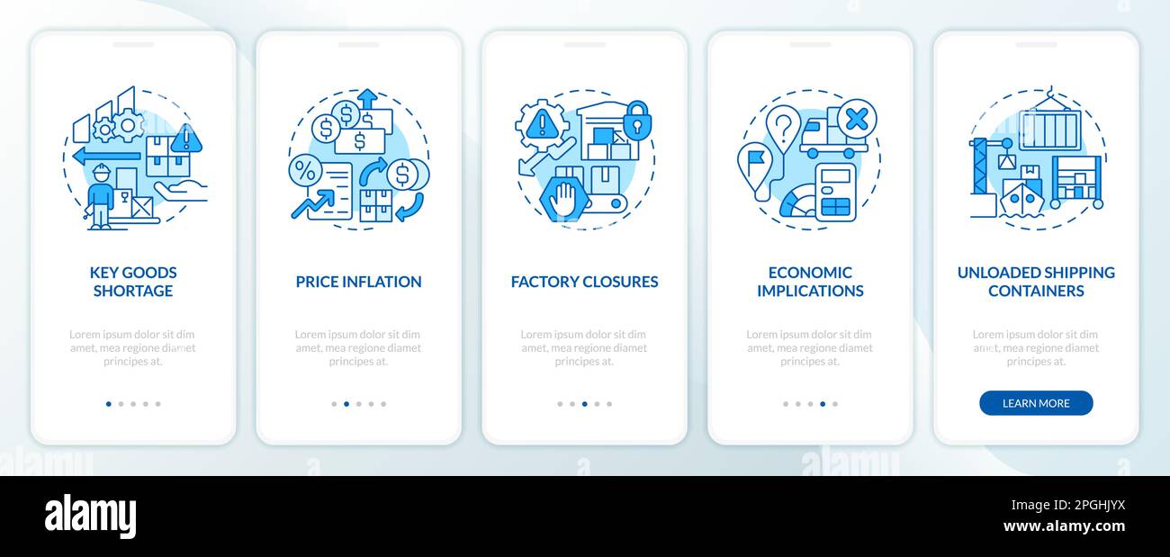 Supply chain disruption issues blue onboarding mobile app screen Stock Vector