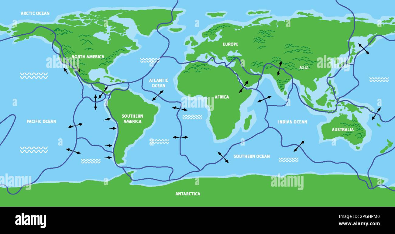 Map of tectonic plates and boundaries illustration Stock Vector