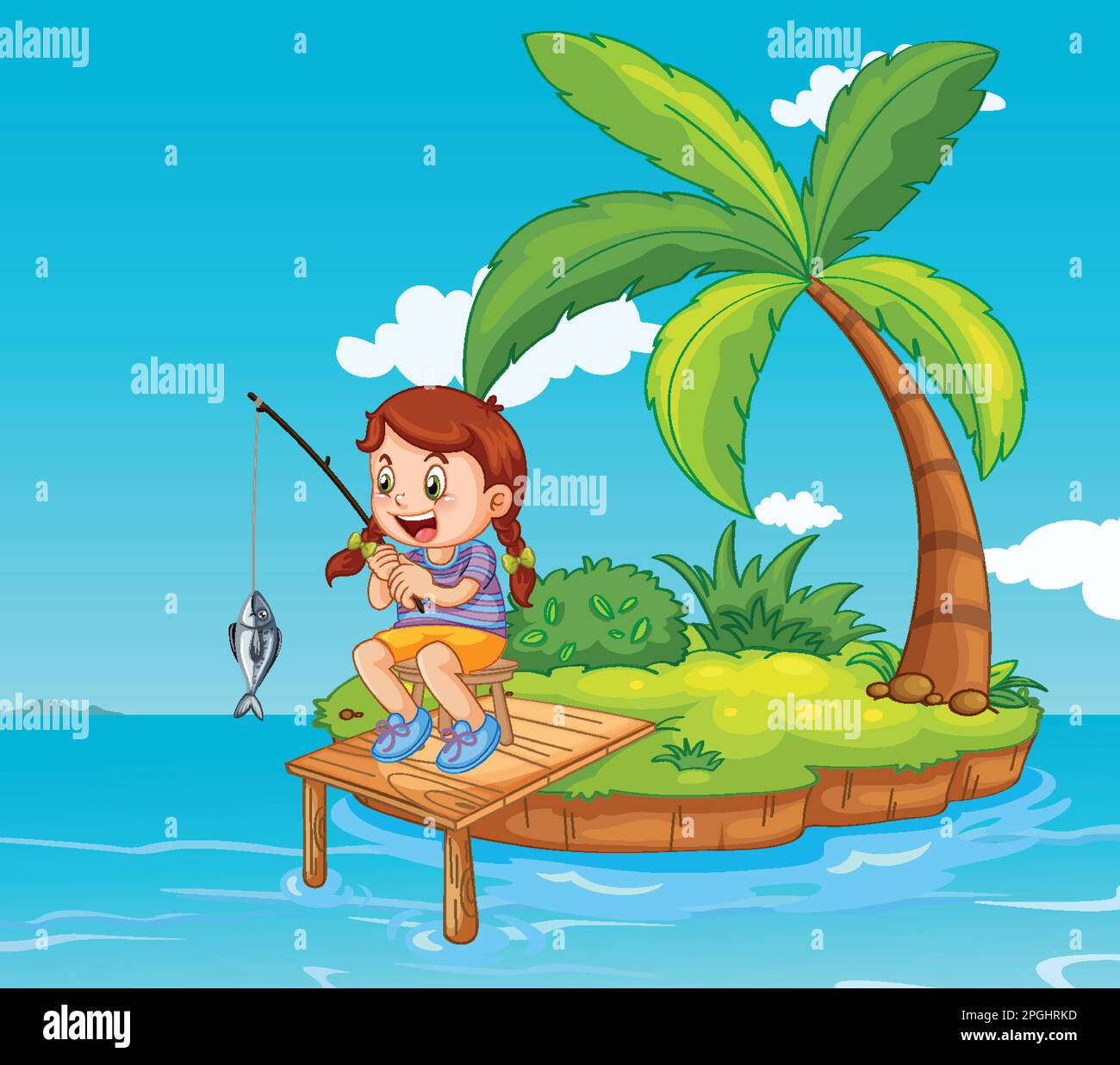 Happy girl fishing on small island illustration Stock Vector Image