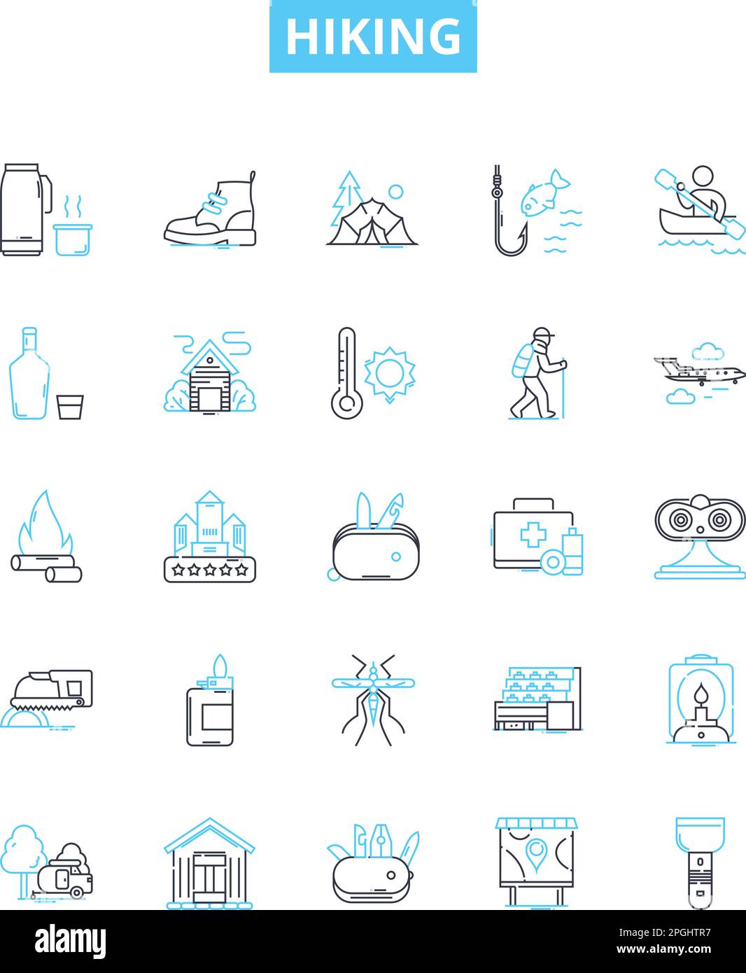 Hiking vector line icons set. Hiking, Trail, Walking, Trekking, Path, Natural, Climb illustration outline concept symbols and signs Stock Vector