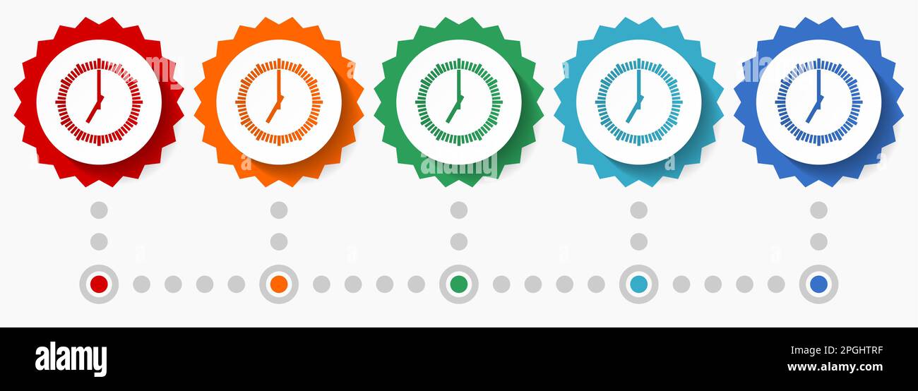 https://c8.alamy.com/comp/2PGHTRF/time-clock-watch-vector-icon-set-colorful-infographic-template-set-of-flat-design-badge-icons-in-5-color-options-2PGHTRF.jpg