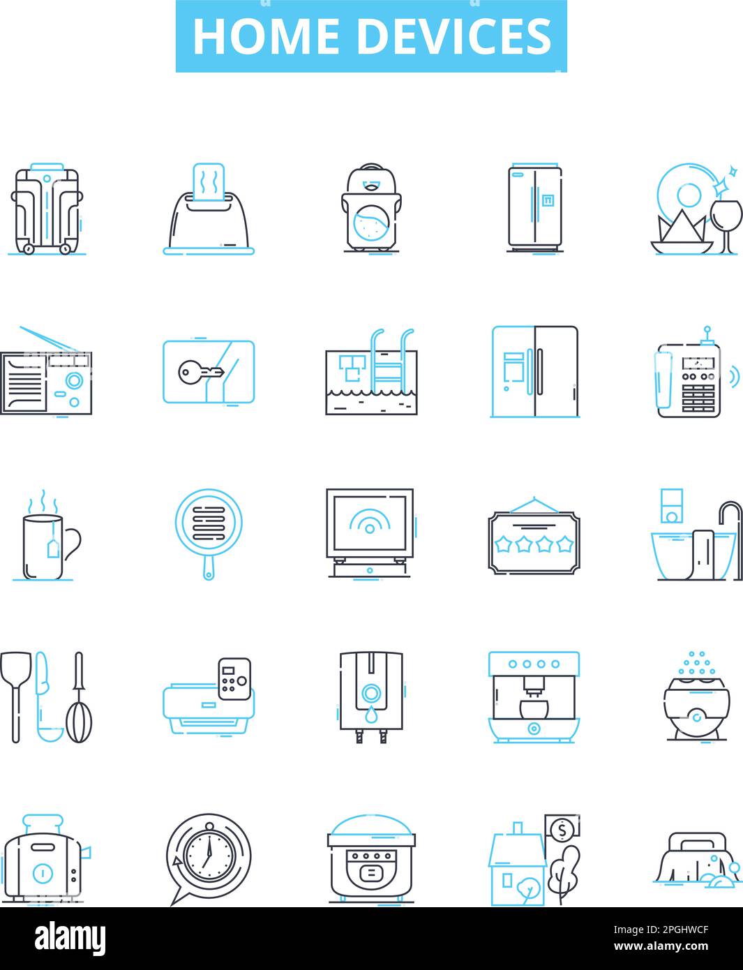 Home devices vector line icons set. Appliances, Electronics, Television, Refrigerator, Computer, Lights, Heater illustration outline concept symbols Stock Vector