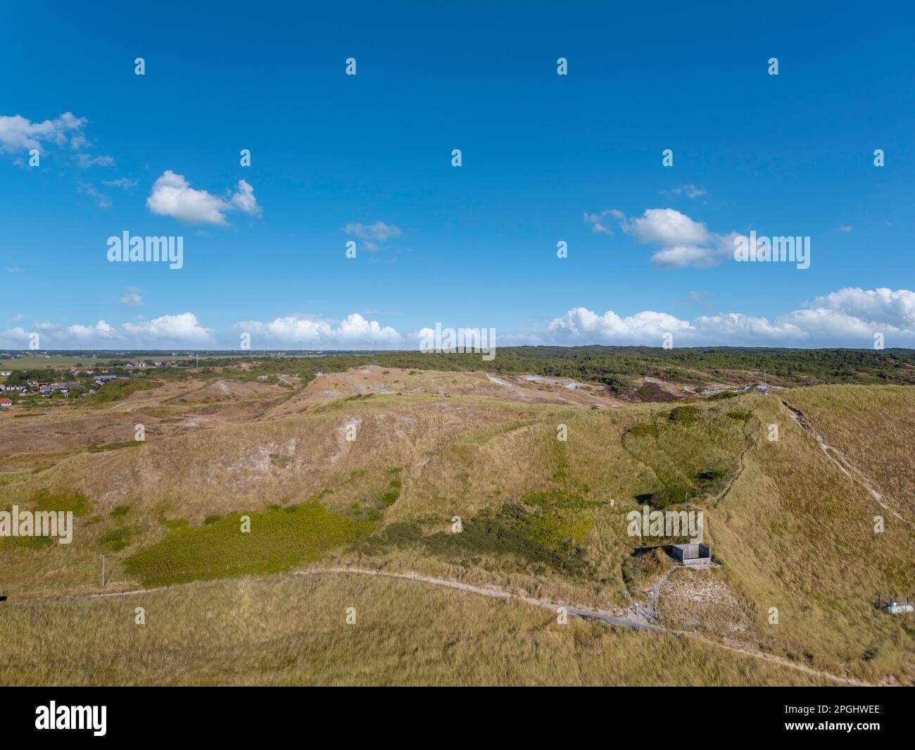 Aerial view overlooking the dunes of Camperduin, Schoorl, North Holland ...