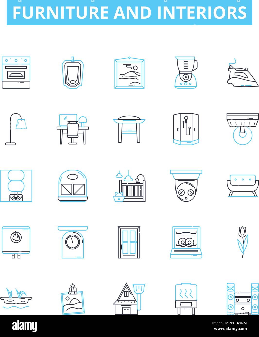 Furniture and interiors vector line icons set. Furniture, Interiors, Sofas, Chairs, Tables, Desks, Beds illustration outline concept symbols and signs Stock Vector