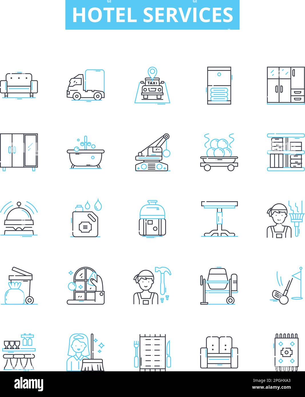 Hotel services vector line icons set. Accommodation, Amenities, Restaurants, Catering, Spa, Pool, Swimming illustration outline concept symbols and Stock Vector