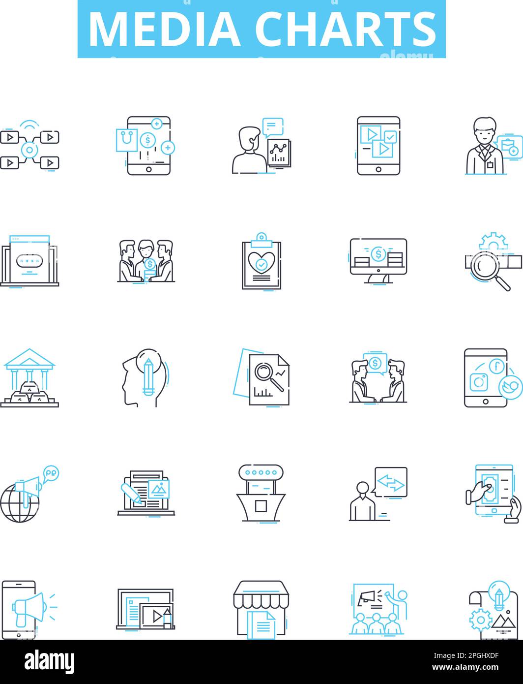 Media charts vector line icons set. Media, Chart, Trends, Ratings, Data, Graphs, Boxoffice illustration outline concept symbols and signs Stock Vector