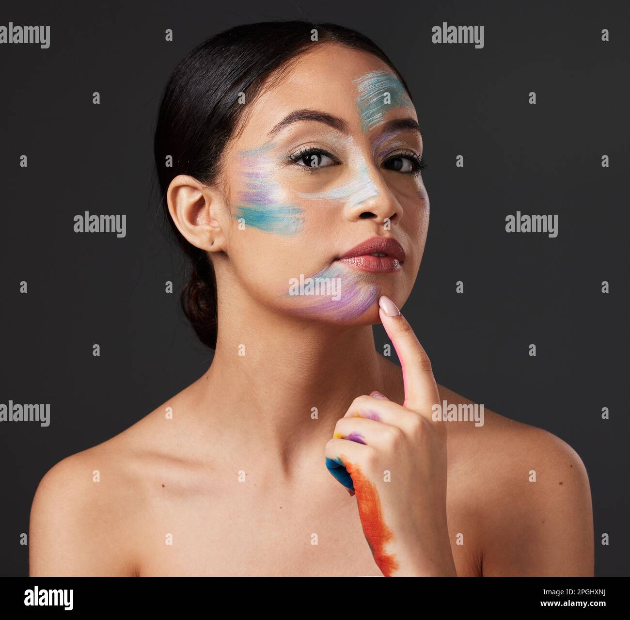 Skin, art and portrait of woman with face paint, creative makeup and self  expression. Beauty, creativity and color in artistic cosmetics, empowerment  Stock Photo - Alamy