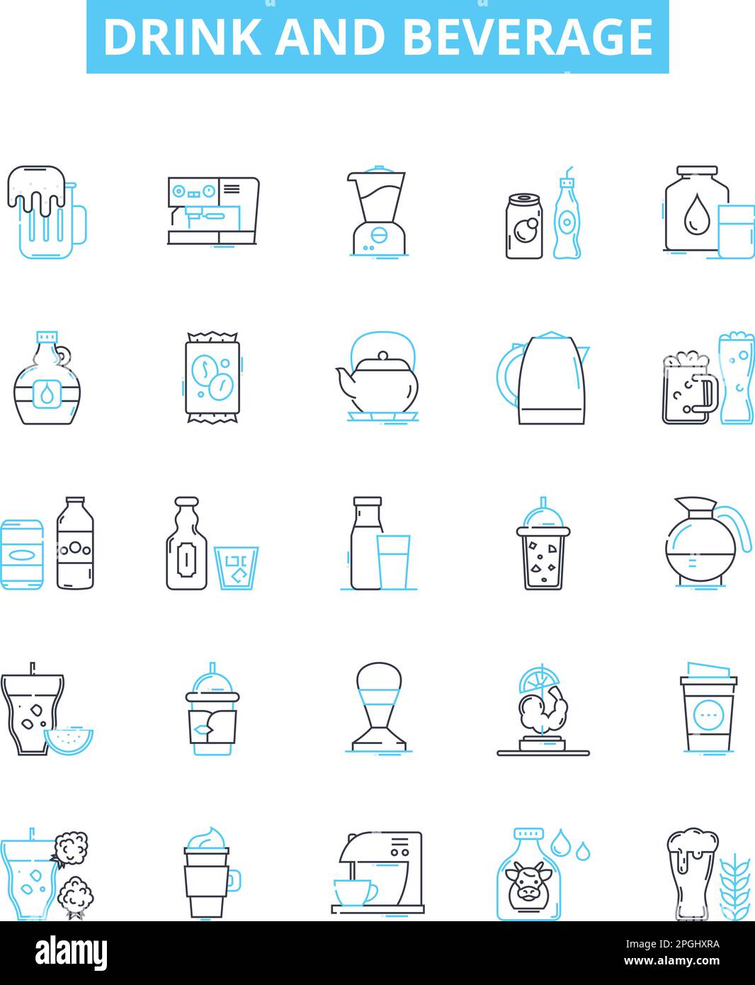 Drink and beverage vector line icons set. Drink, Beverage, Juice, Coffee, Tea, Beer, Wine illustration outline concept symbols and signs Stock Vector