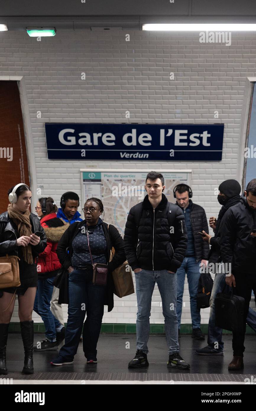 Paris, France. 23rd Mar, 2023. People wait for the train at the gare de
