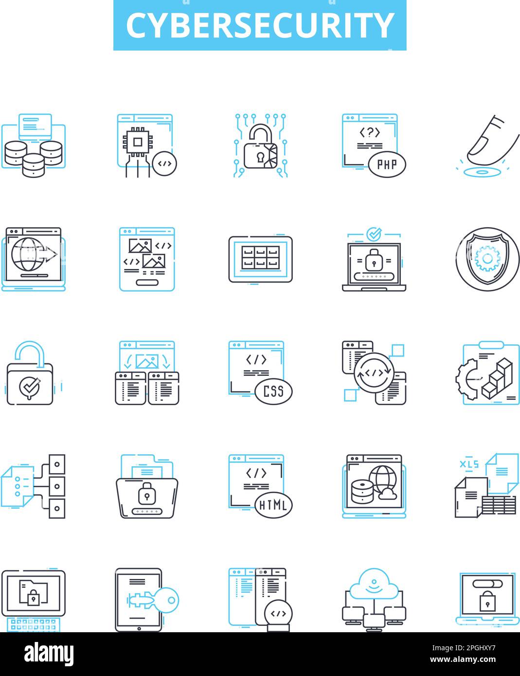 Cybersecurity vector line icons set. Cybersecurity, Cyberdefense, Cyberattack, Network Security, Encryption, Firewalls, Security Protocols Stock Vector