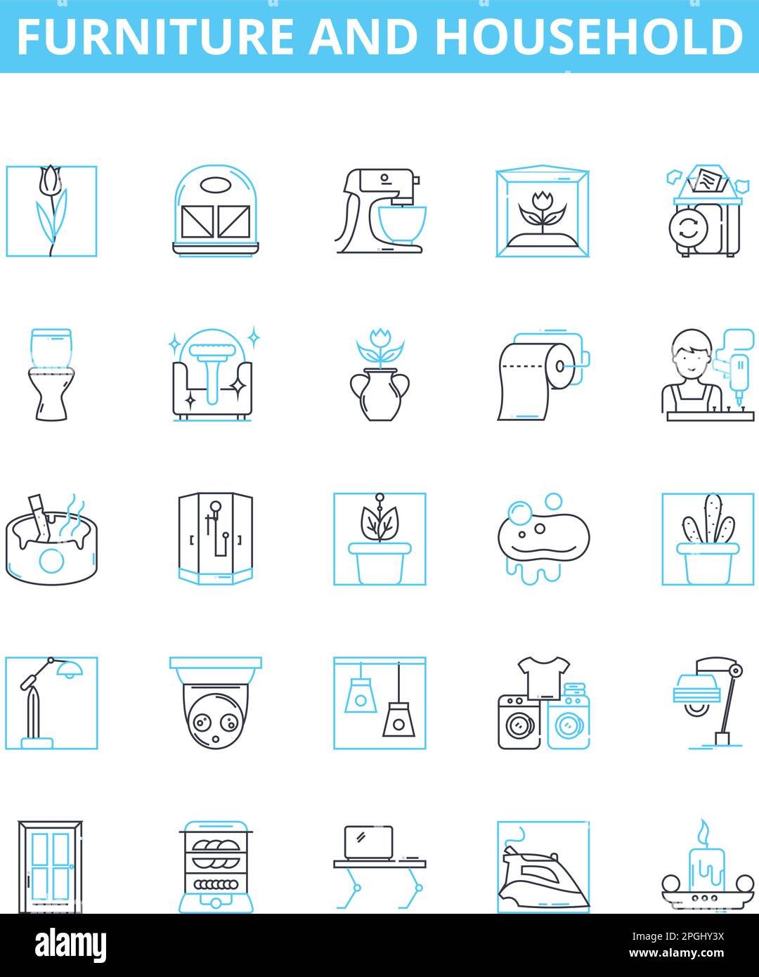 Furniture and household vector line icons set. Furniture, Household, Chair, Couch, Table, Desk, Bed illustration outline concept symbols and signs Stock Vector