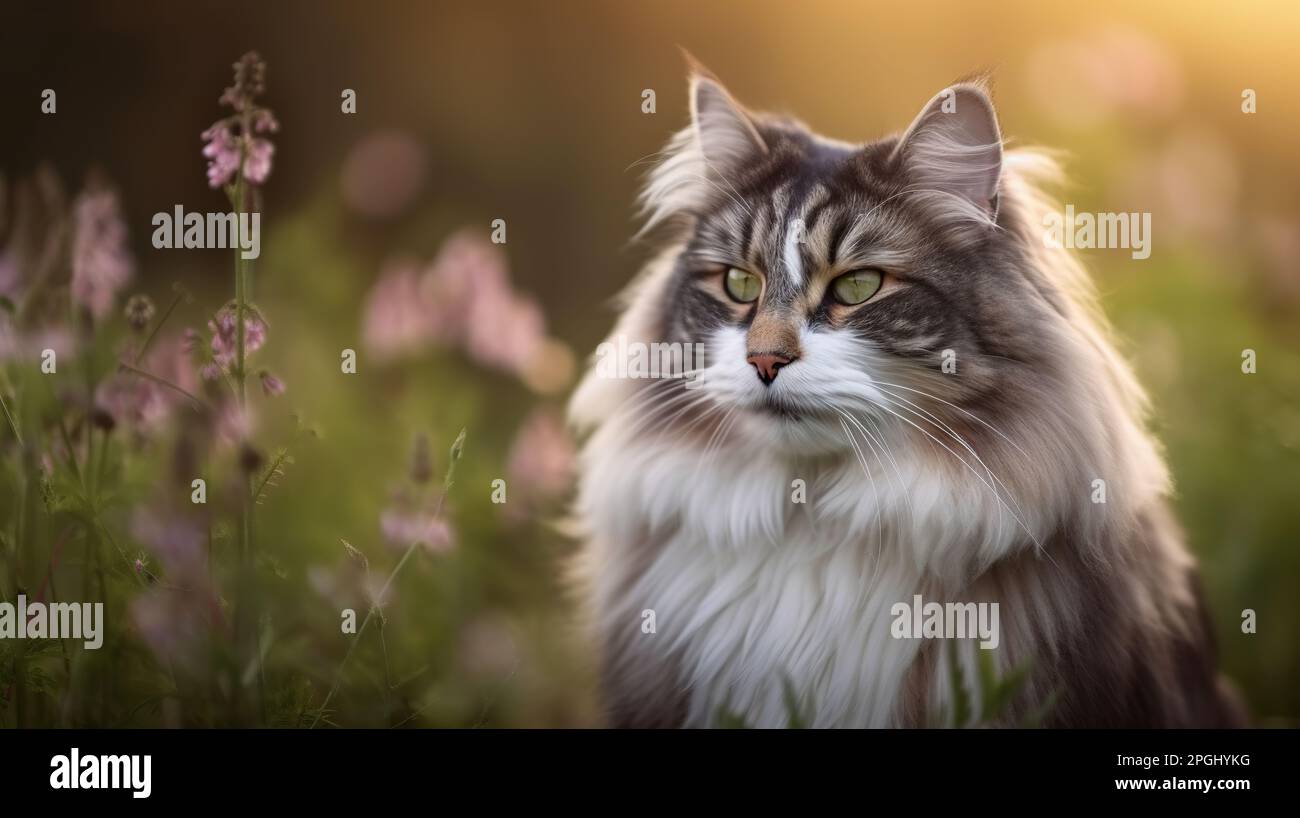 Graceful, Agile, Domesticated and Spirited Norwegian Forest Cat. A Portrait of a wild looking