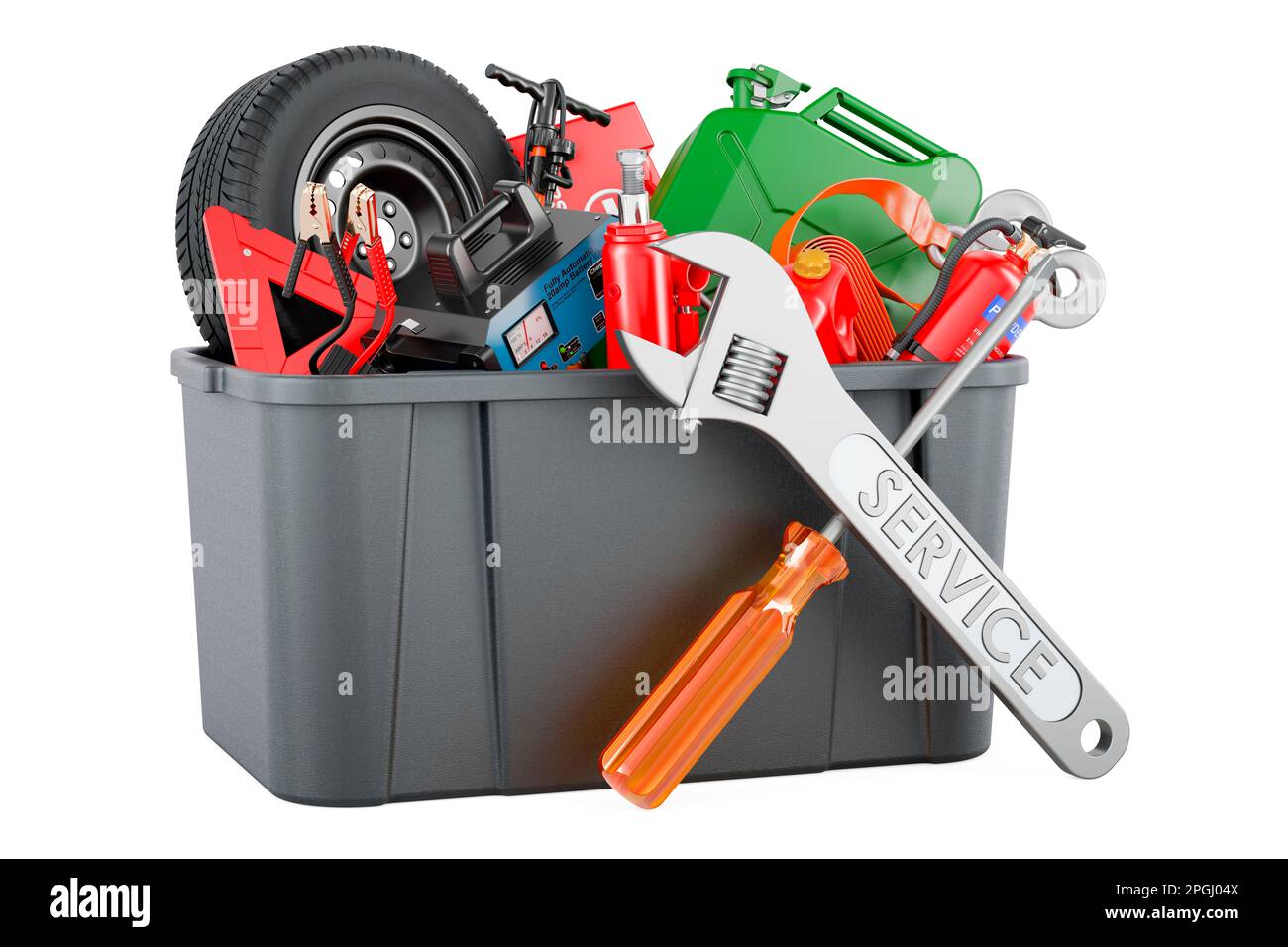 Plastic box full of car tools, equipment and accessories with