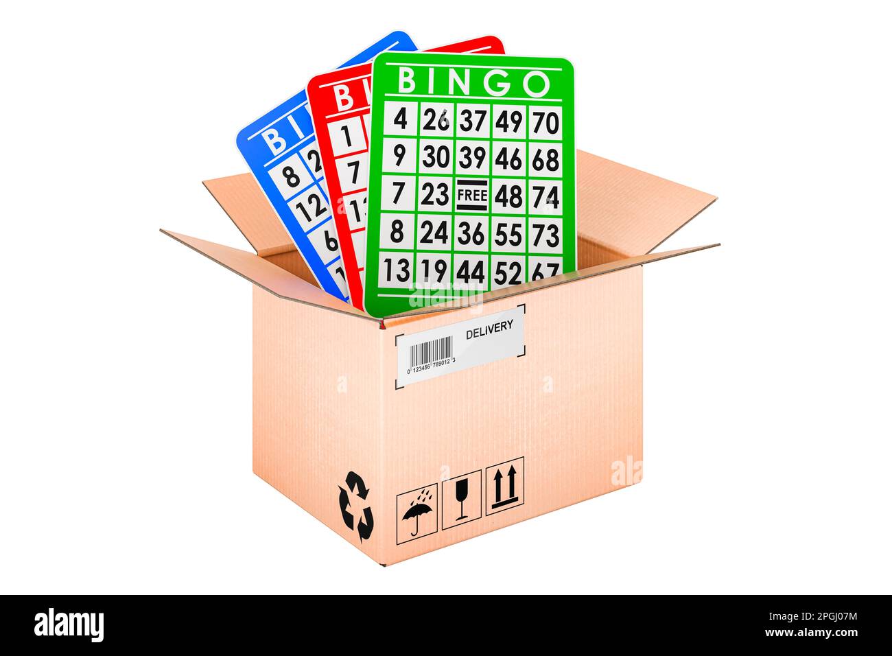 Bingo cards inside cardboard box, delivery concept. 3D rendering