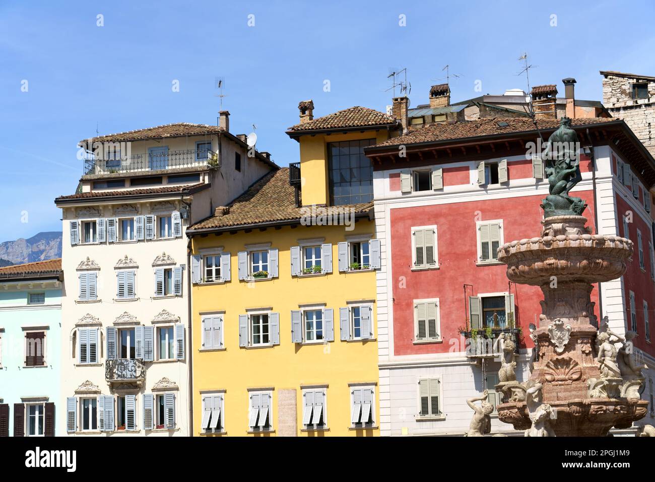 The Neptune fountain and Piazza del Duomo (Cathedral Square) that is the main square of Trento, located in the historical center of the town, appeared Stock Photo