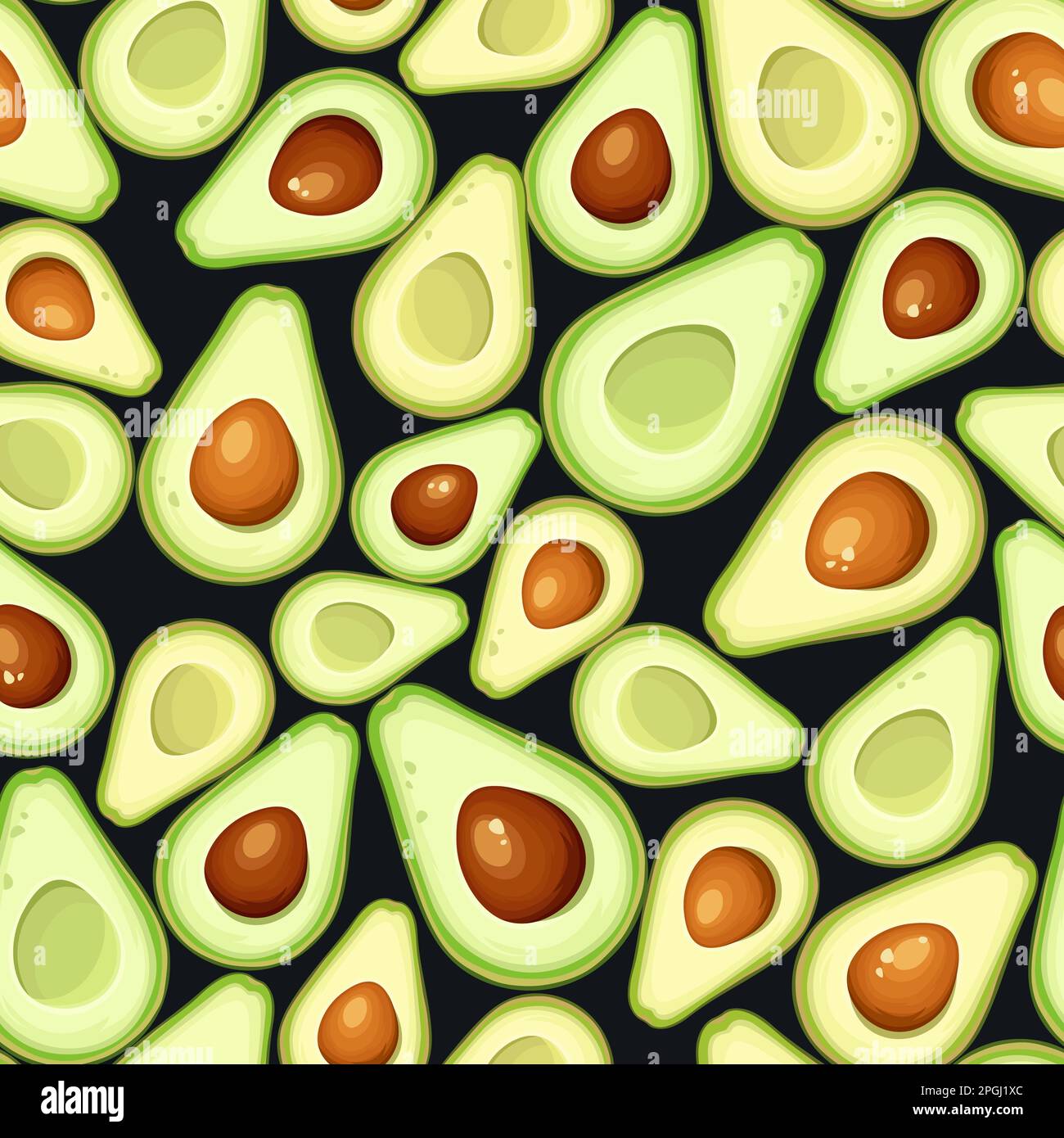 Seamless pattern with avocado fruit slices on a black background. Vector illustration Stock Vector