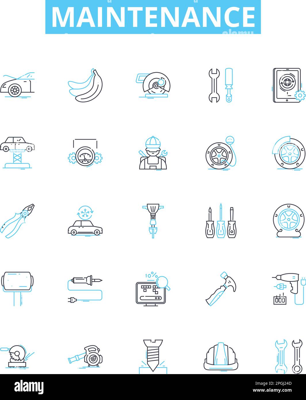 Maintenance vector line icons set. Repairs, Upkeep, Service, Adjustment, Restoration, Overhaul, Checkup illustration outline concept symbols and signs Stock Vector