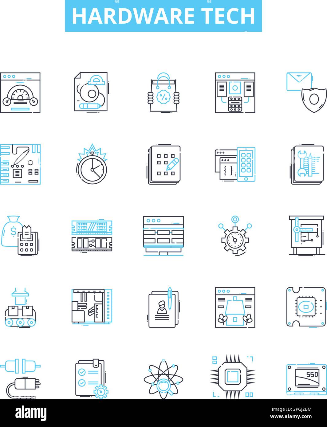 hardware tech vector line icons set. Hardware, Technology, Devices, Components, Gadgets, Networking, Network illustration outline concept symbols and Stock Vector