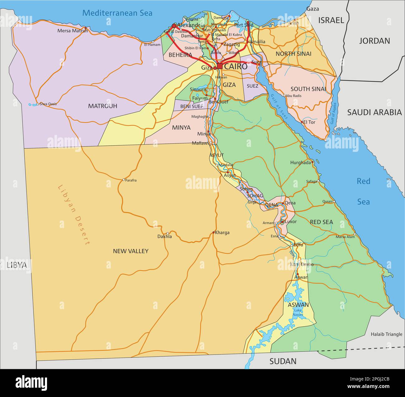 Egypt Highly detailed editable political map with labeling Stock