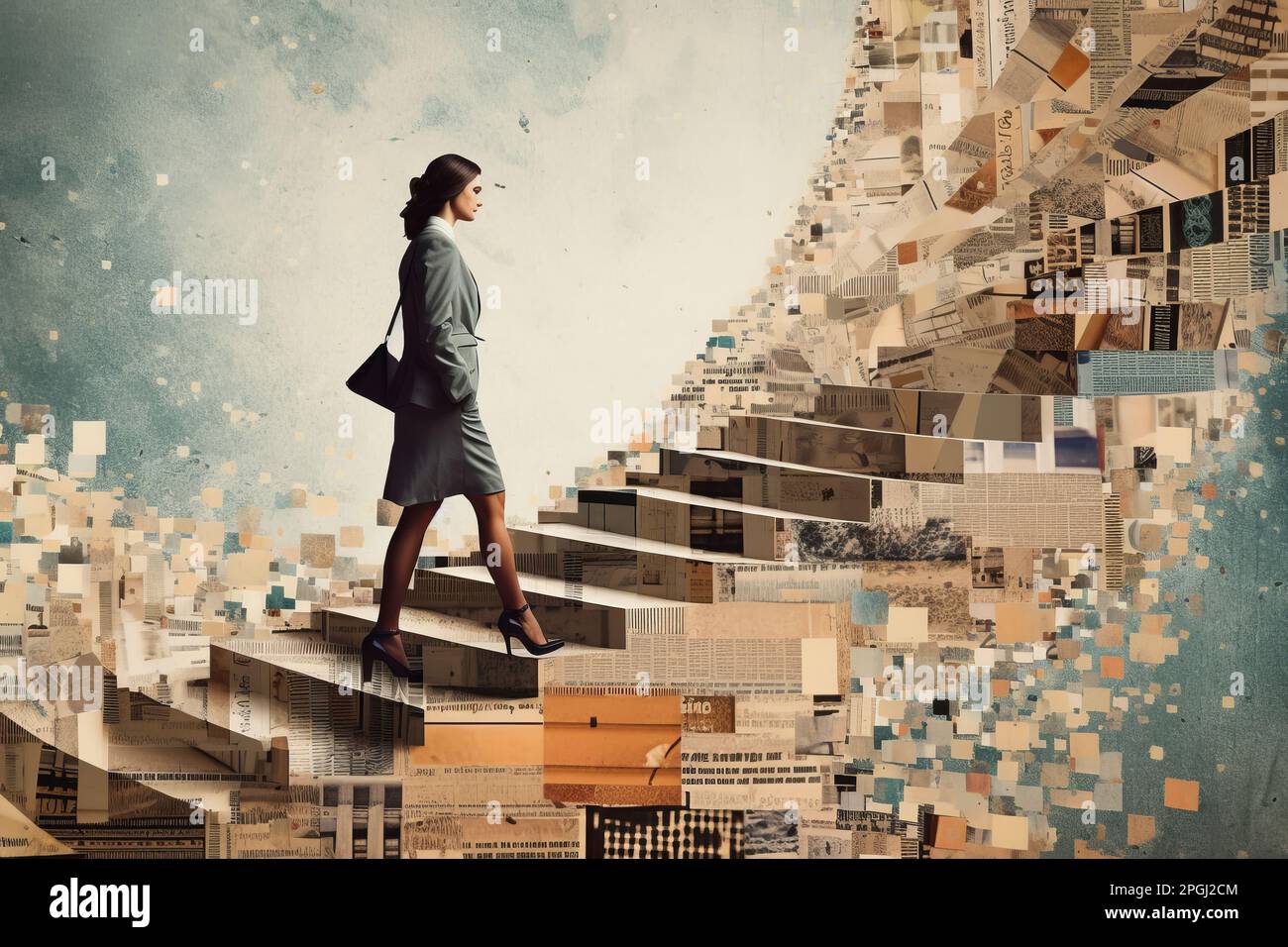 Abstract business woman walking up a staircase female leadership. Generative ai Stock Photo