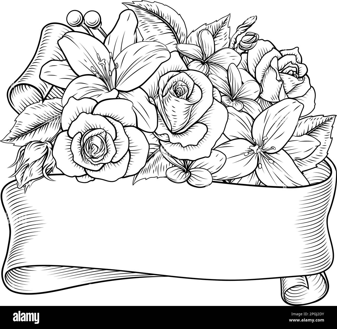 Flowers Floral Rose Bouquet Scroll Funeral Wedding Stock Vector