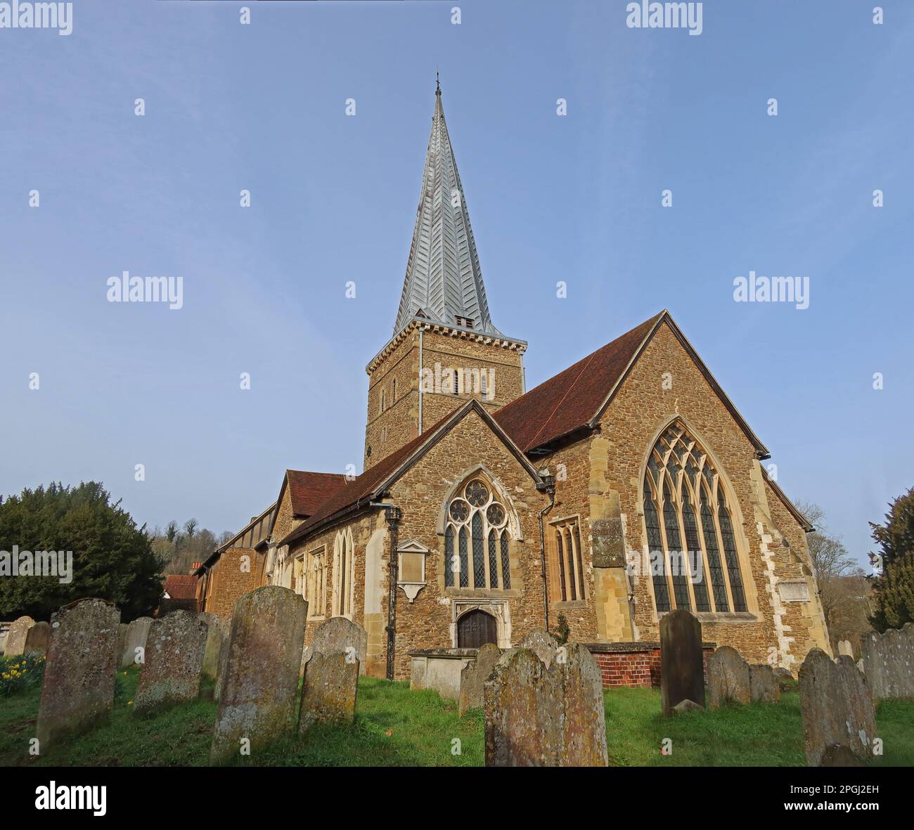 St Peter & Paul sandstone church, Borough Rd, Godalming, Surrey, England, UK, GU7 2AG from grave yard - Grade I listed building Stock Photo