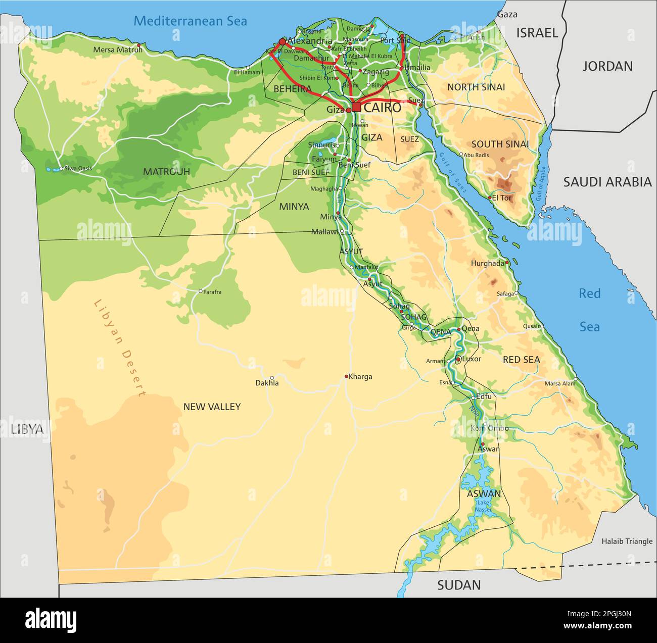 Highly detailed Egypt physical map with labeling Stock Vector Image