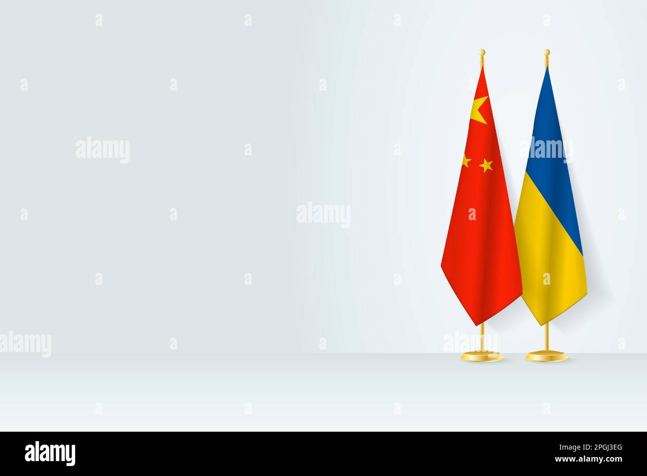 Flags of China and Ukraine on flag stand, meeting between two countries