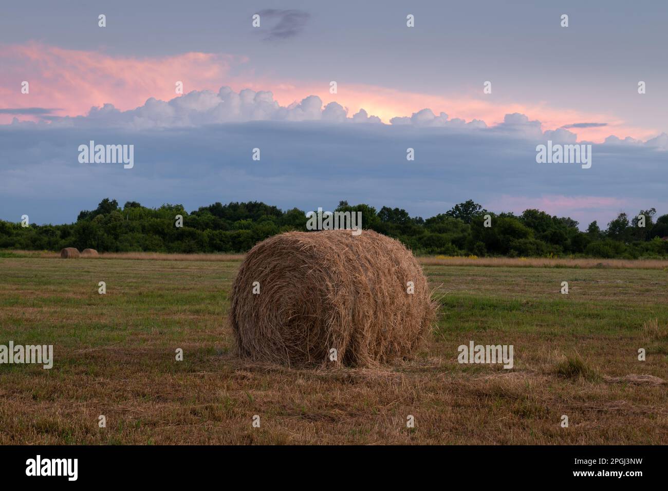 Hay bale in field at dusk, round hay bale in flat field and colourful ...