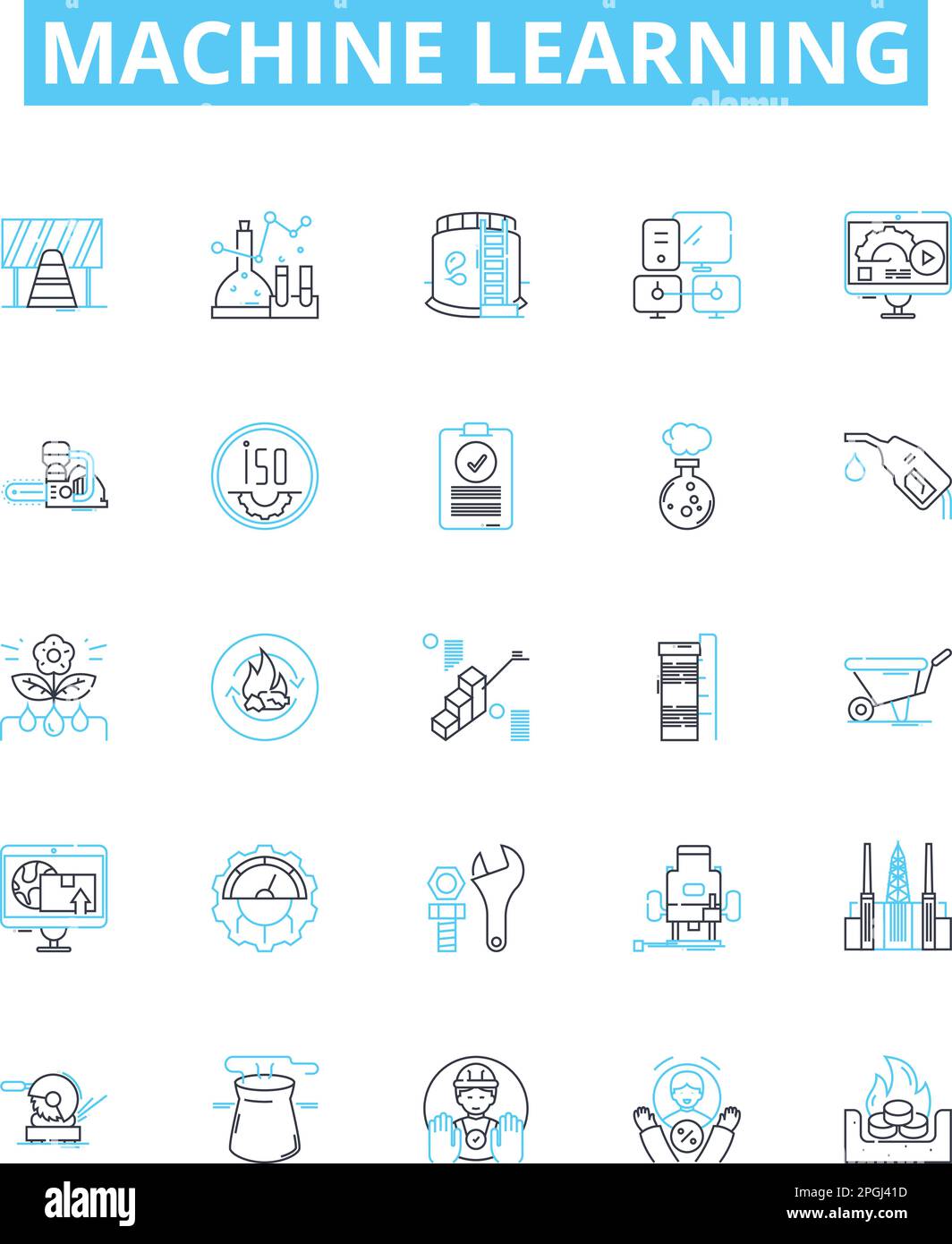 Machine learning vector line icons set. machine, learning, artificial, intelligence, algorithm, data, model illustration outline concept symbols and Stock Vector