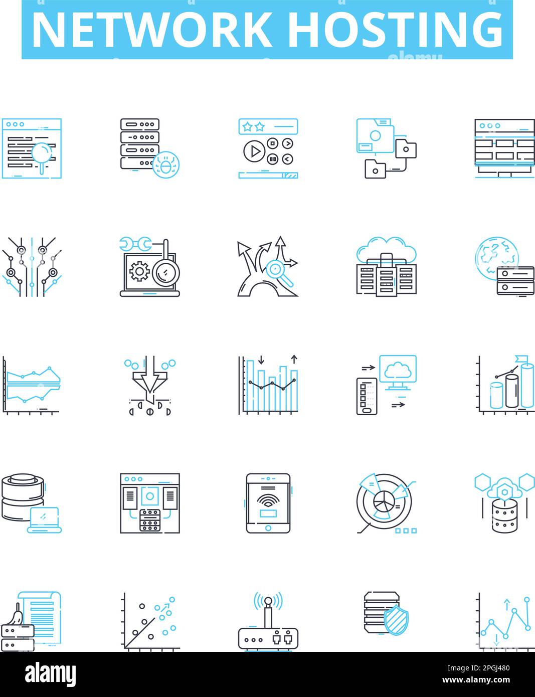 Network hosting vector line icons set. Webhosting, Cloudhosting, Networking, Colocation, Shared, Dedicated, Domains illustration outline concept Stock Vector