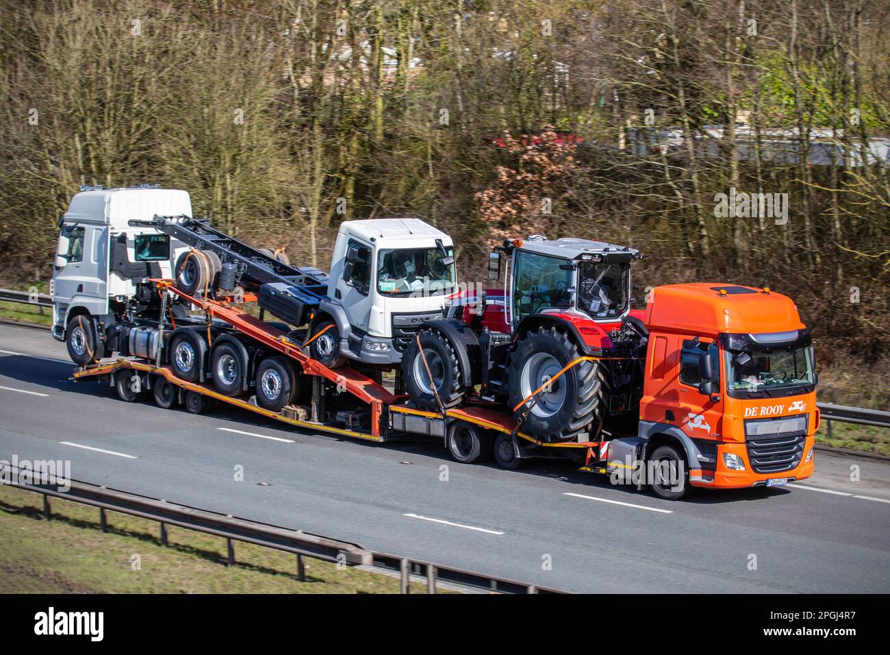 De Rooy Leyland Haulage delivery trucks, lorry, transportation, truck, cargo carrier, new DAF tractor units, European commercial transport, industry, M61 at Manchester, UK Stock Photo
