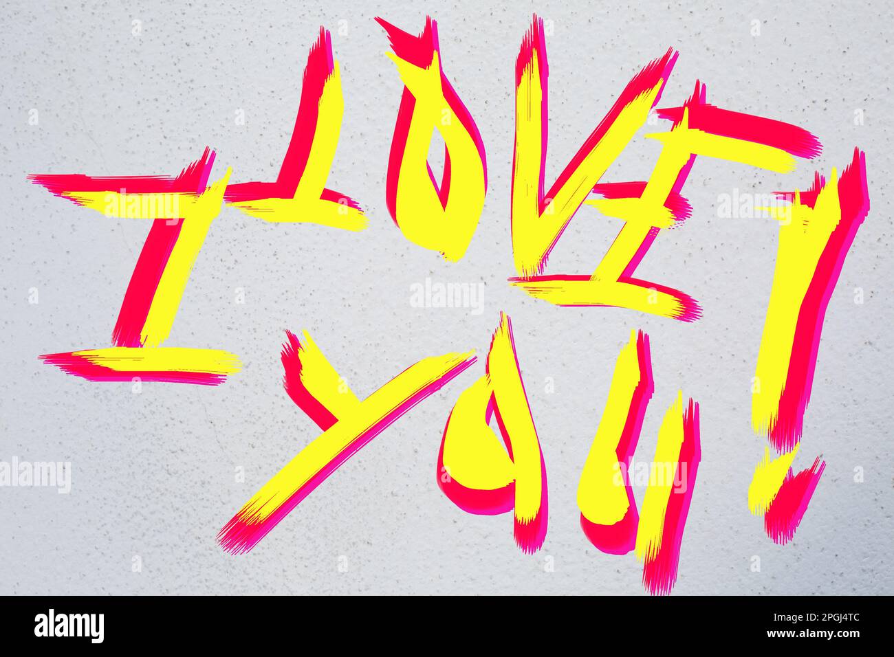 I love you. Graffiti like text in yellow and red. Light grey background