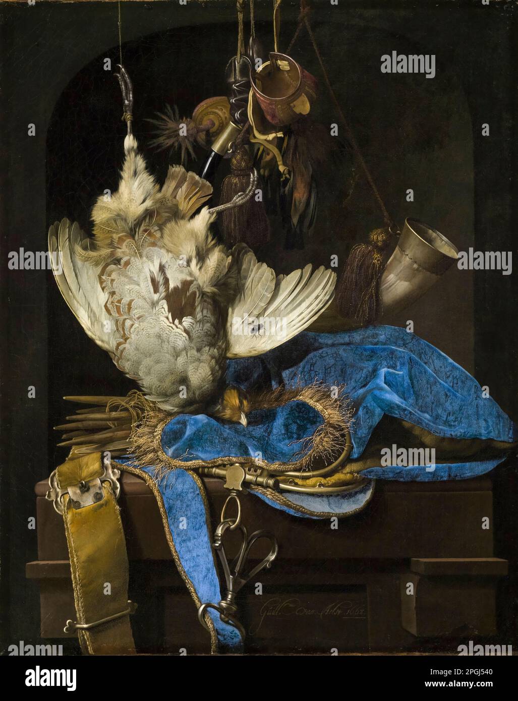 Willem van Aelst, Still-Life with Hunting Equipment and Dead Birds, painting in oil on canvas, 1668 Stock Photo
