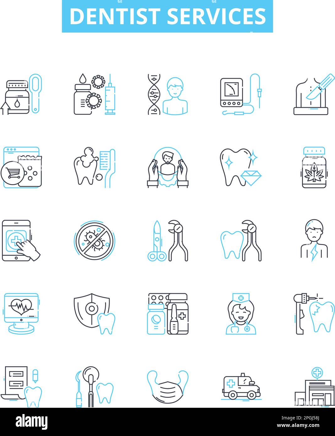 Dentist services vector line icons set. Dentist, Services, Teeth, Cleaning, Fillings, Extractions, Orthodontics illustration outline concept symbols Stock Vector