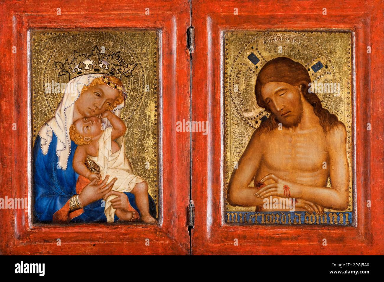 14th Century Diptych, Mary with the Child and Christ as the Man of Sorrows, painting in mixed technique on wood by Bohemian Master, circa 1360 Stock Photo