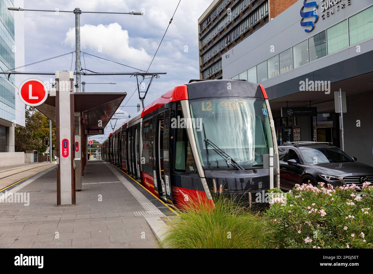 Sydney light rail train at light rail stop in Randwick,Sydney,NSW