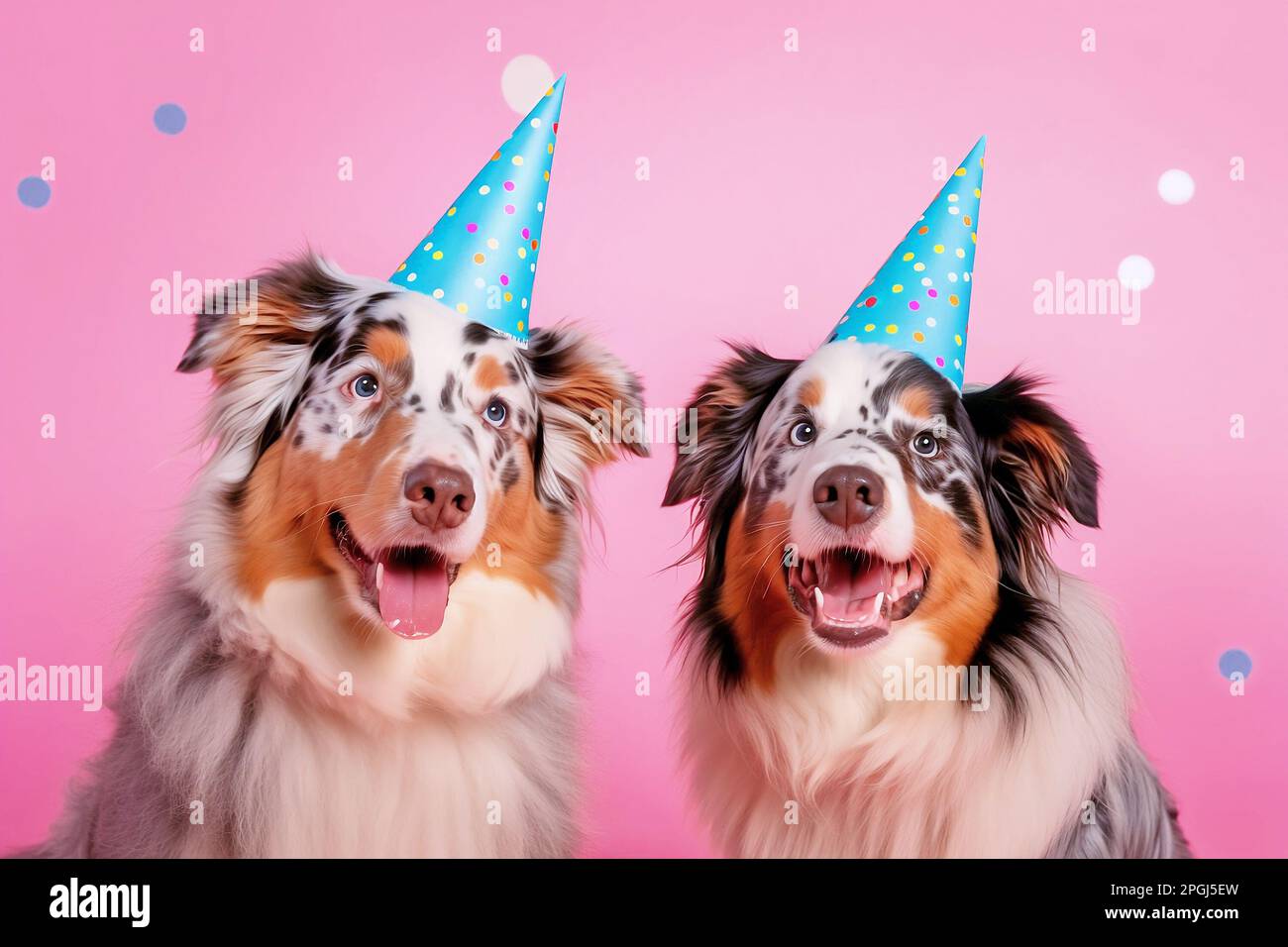 Two Australian Shepherd dogs with birthday party hats on pink