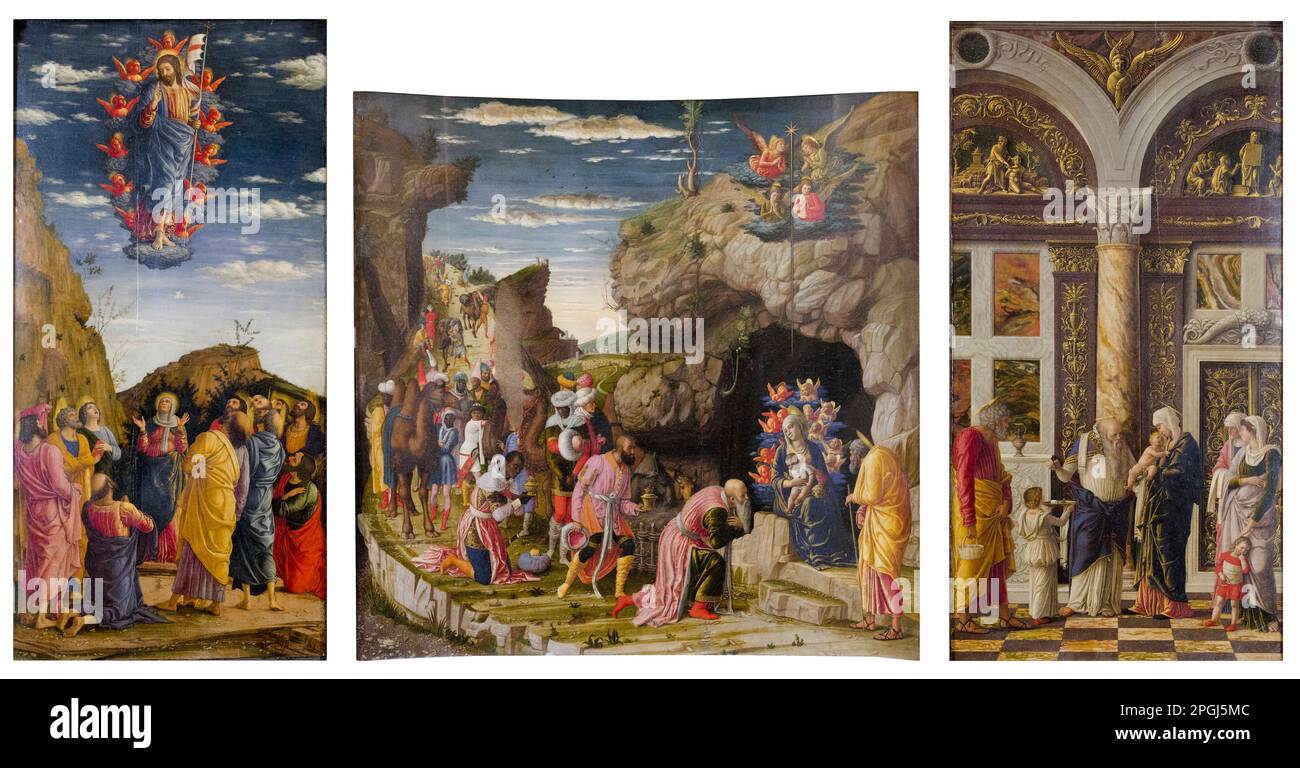 Andrea Mantegna, Triptic (triptych), painting in tempera on panel, 1463-1464 Stock Photo