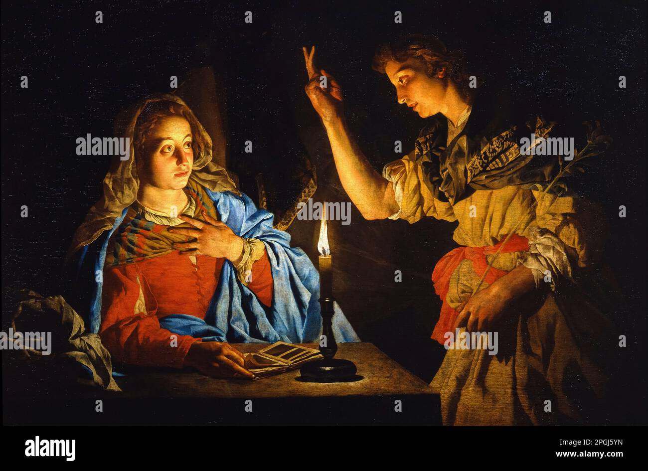 Matthias Stom, Annunciation, painting in oil on canvas, 1600-1625 Stock Photo