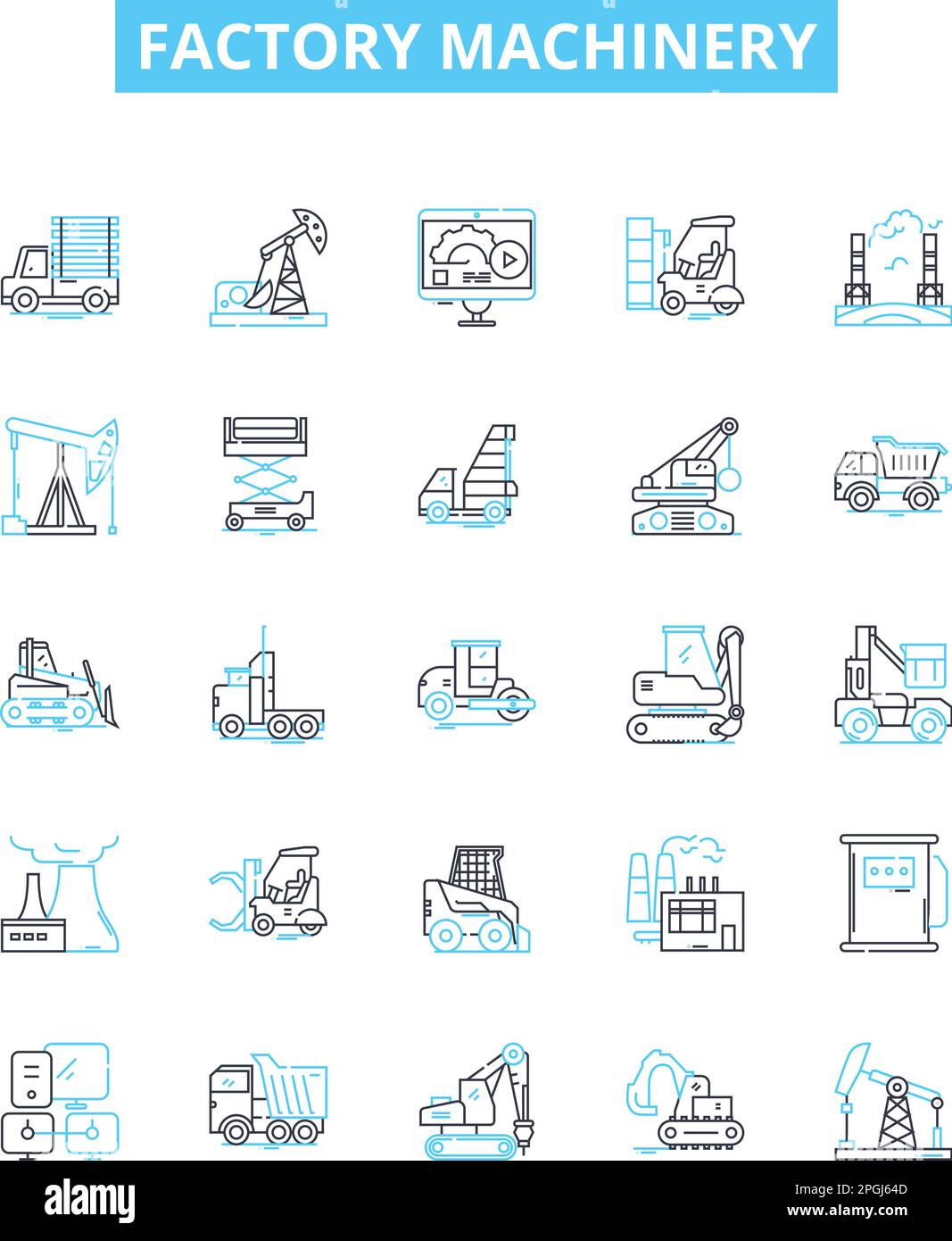 Factory machinery vector line icons set. Machinery, Factory, Equipment, Automation, Process, CNC, Install illustration outline concept symbols and Stock Vector